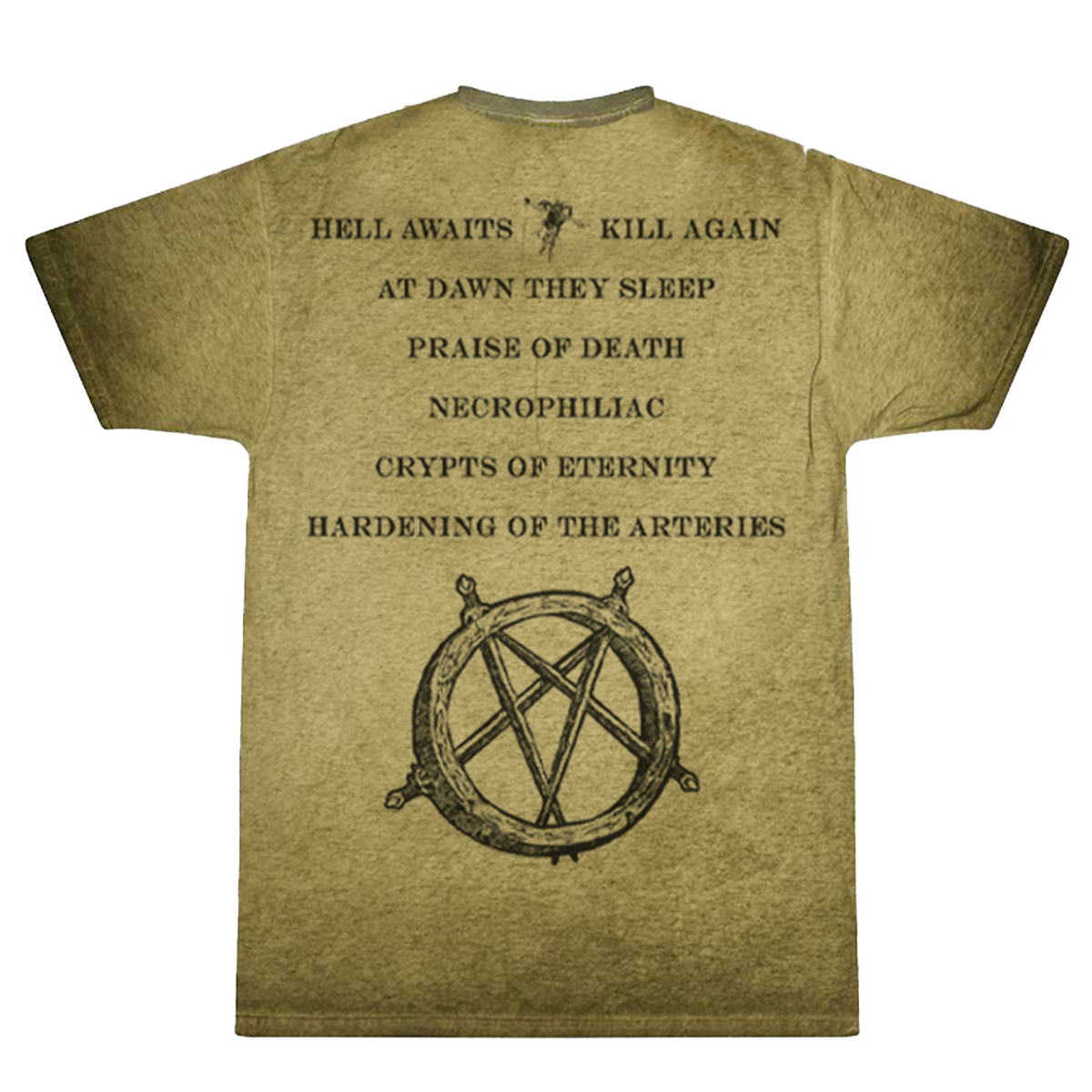 Slayer, Green Hell Awaits T-Shirt with Hell Awaits tracklist printed on the back.