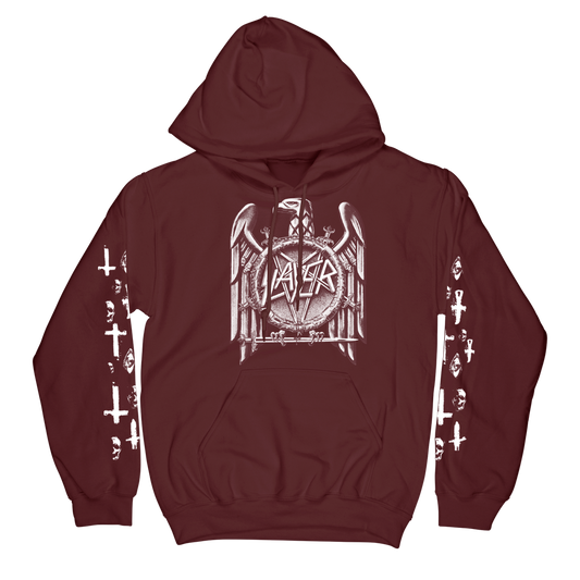 Slayer Maroon Hoodie with Eagle Logo, with skulls and crosses on the sleeves
