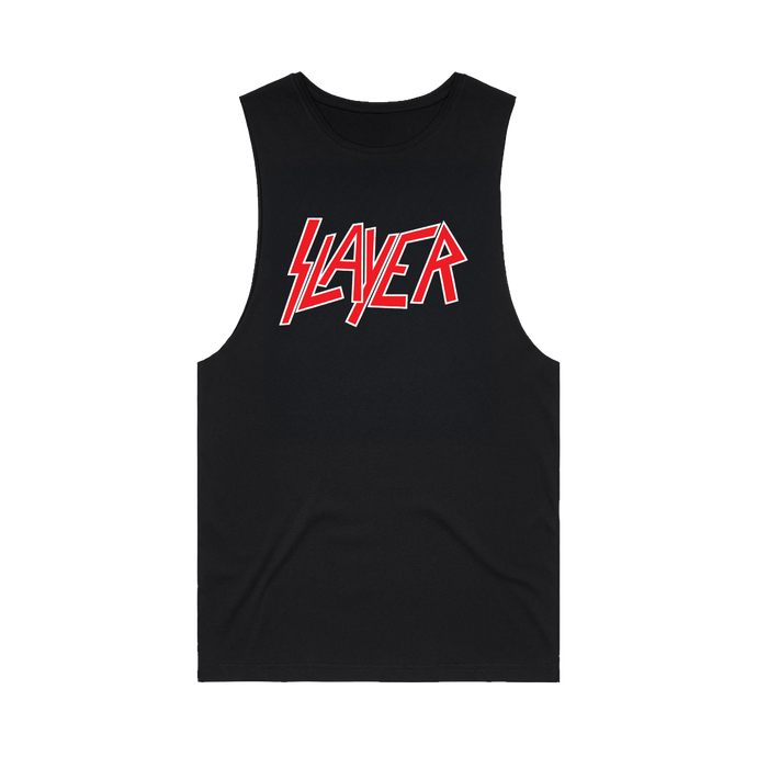 The Slayer, Classic Logo Muscle Tank brings the heat with a bold red Slayer logo across the chest of this black shirt.