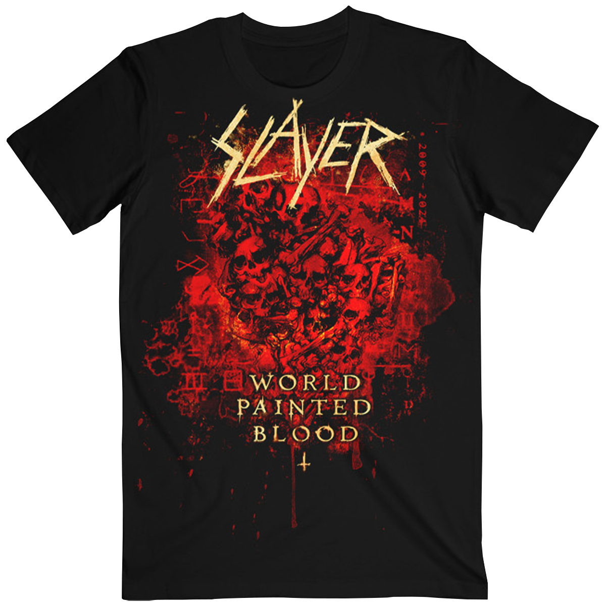 Unleash your inner thrash metal fan with the World Painted Blood Skulls T-shirt. This black tee features the Slayer logo and striking red skull artwork on the front, channeling the intense, raw energy of Slayer‚Äôs iconic&nbsp;World Painted Blood era.