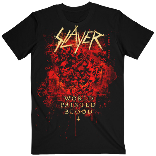 Unleash your inner thrash metal fan with the World Painted Blood Skulls T-shirt. This black tee features the Slayer logo and striking red skull artwork on the front, channeling the intense, raw energy of Slayer‚Äôs iconic&nbsp;World Painted Blood era.