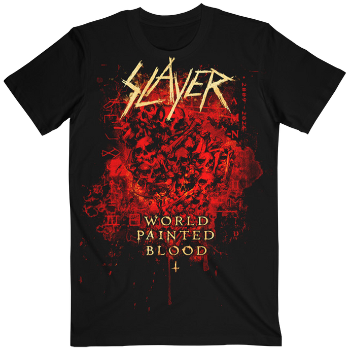 Unleash your inner thrash metal fan with the World Painted Blood Skulls T-shirt. This black tee features the Slayer logo and striking red skull artwork on the front, channeling the intense, raw energy of Slayer‚Äôs iconic World Painted Blood era.